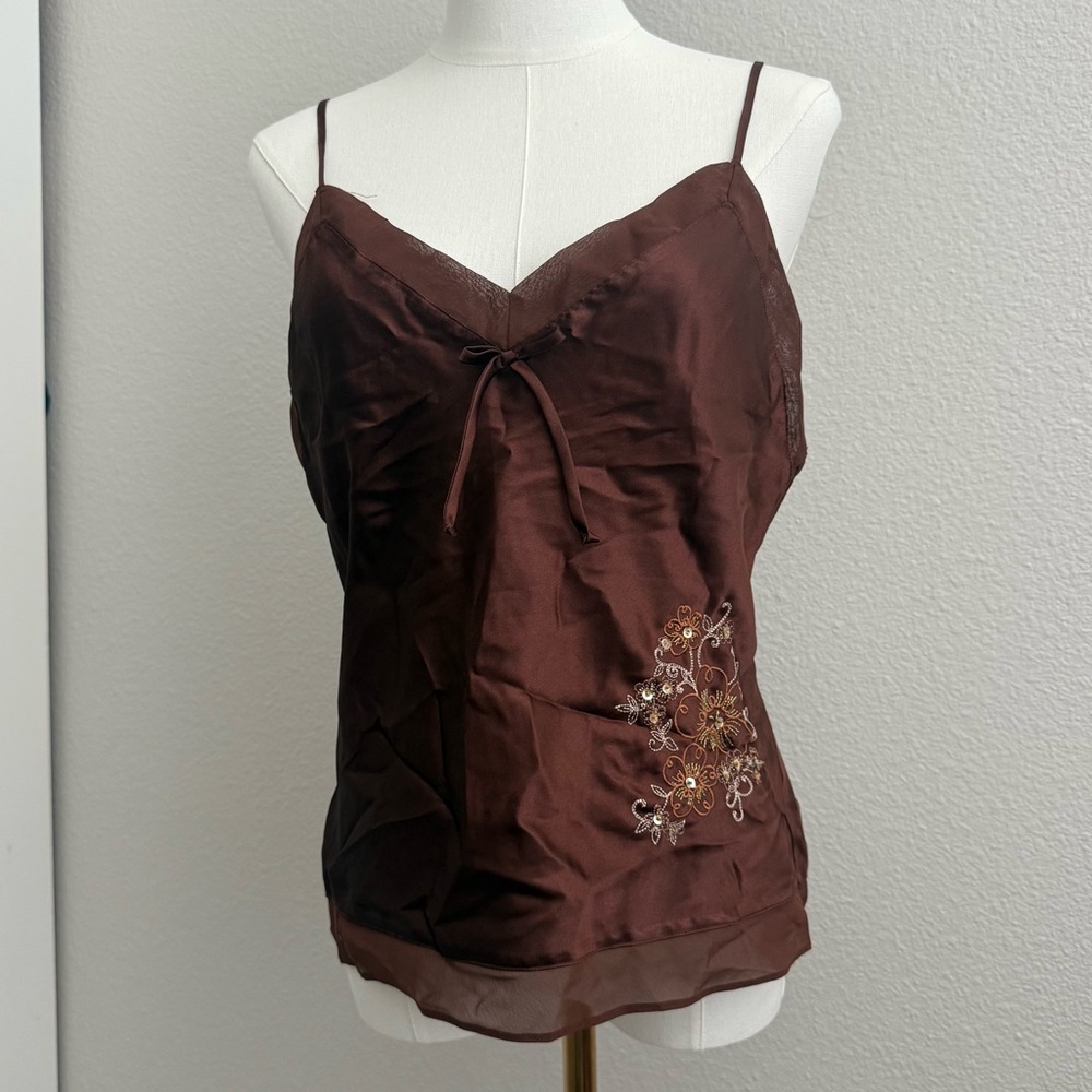 Y2K Embroidered Brown Satin Lace-Trim Camisole Top Medium